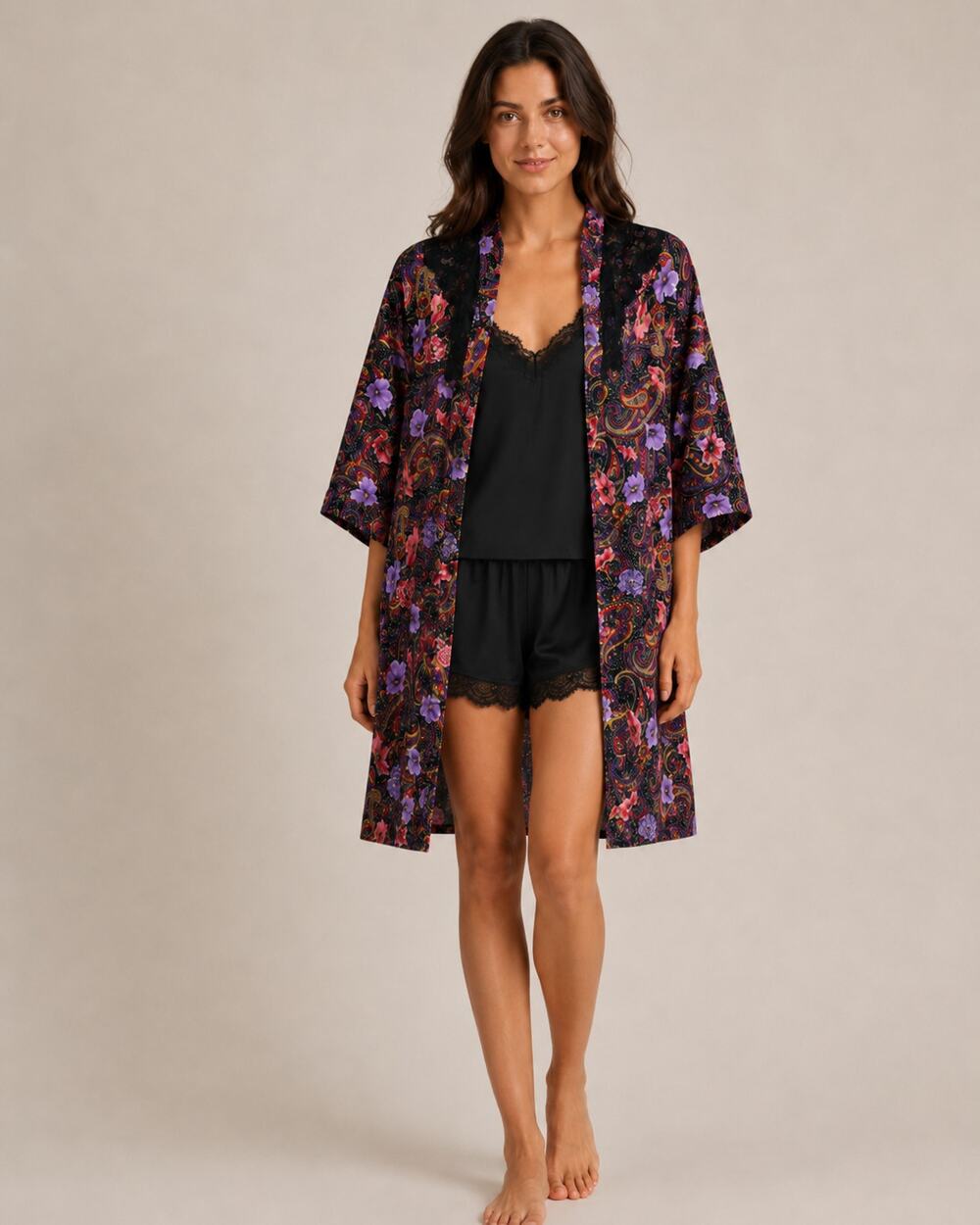 Christian Dior Floral Paisley Robe Black Pink Purple Satin Lounge Robe No Tie